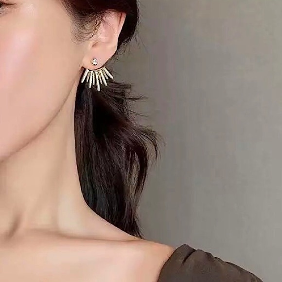 “Bohemian Dreamer” Sun Ray Hippie Diamond Gold Abstract Stud Geometric Earrings - Picture 2 of 5